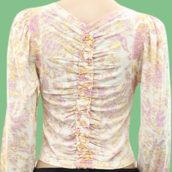 FREE PEOPLE SAY THE WORD CROP TOP Floral Printed Ruched Ivory Pink - Picture 6 of 8